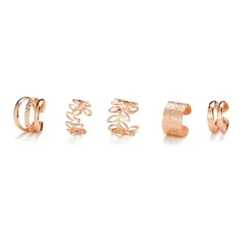 Panqureli® 5-teiliges Set silberfarbener Ohrclips mit Blattmotiv für Damen und Herren – schlichte C-förmige Ear Cuffs ohne Ohrloch