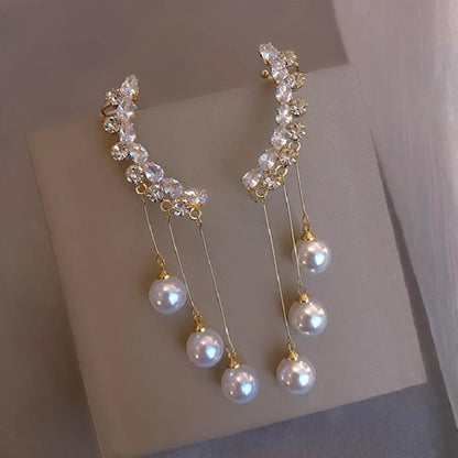 Panqureli® 2 elegante lange Ohrringe für Damen mit Diamantbesatz, Perlen und geometrischem Design – für Partys und Abendveranstaltungen