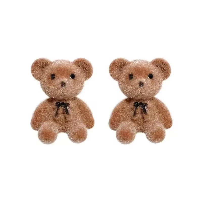 Panqureli® Verspielte Hasen- und Bären-Ohrstecker mit beflockter Plüschoberfläche in Braun und Khaki – für Damen und Mädchen im koreanischen Stil
