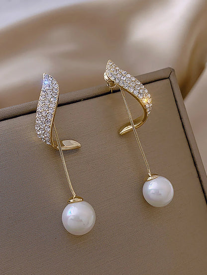 Panqureli® 2 elegante lange Ohrringe für Damen mit Diamantbesatz, Perlen und geometrischem Design – für Partys und Abendveranstaltungen