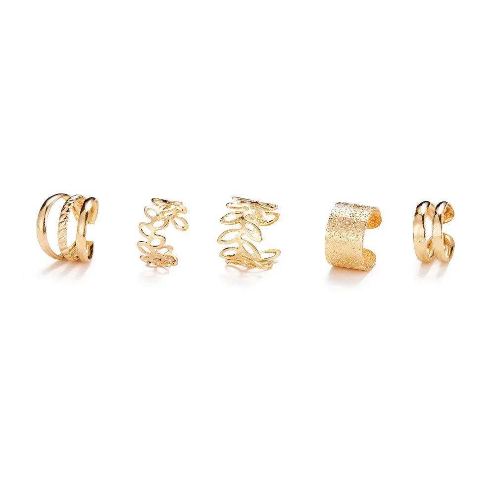 Panqureli® 5-teiliges Set silberfarbener Ohrclips mit Blattmotiv für Damen und Herren – schlichte C-förmige Ear Cuffs ohne Ohrloch