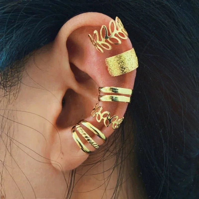 Panqureli® 5-teiliges Set silberfarbener Ohrclips mit Blattmotiv für Damen und Herren – schlichte C-förmige Ear Cuffs ohne Ohrloch